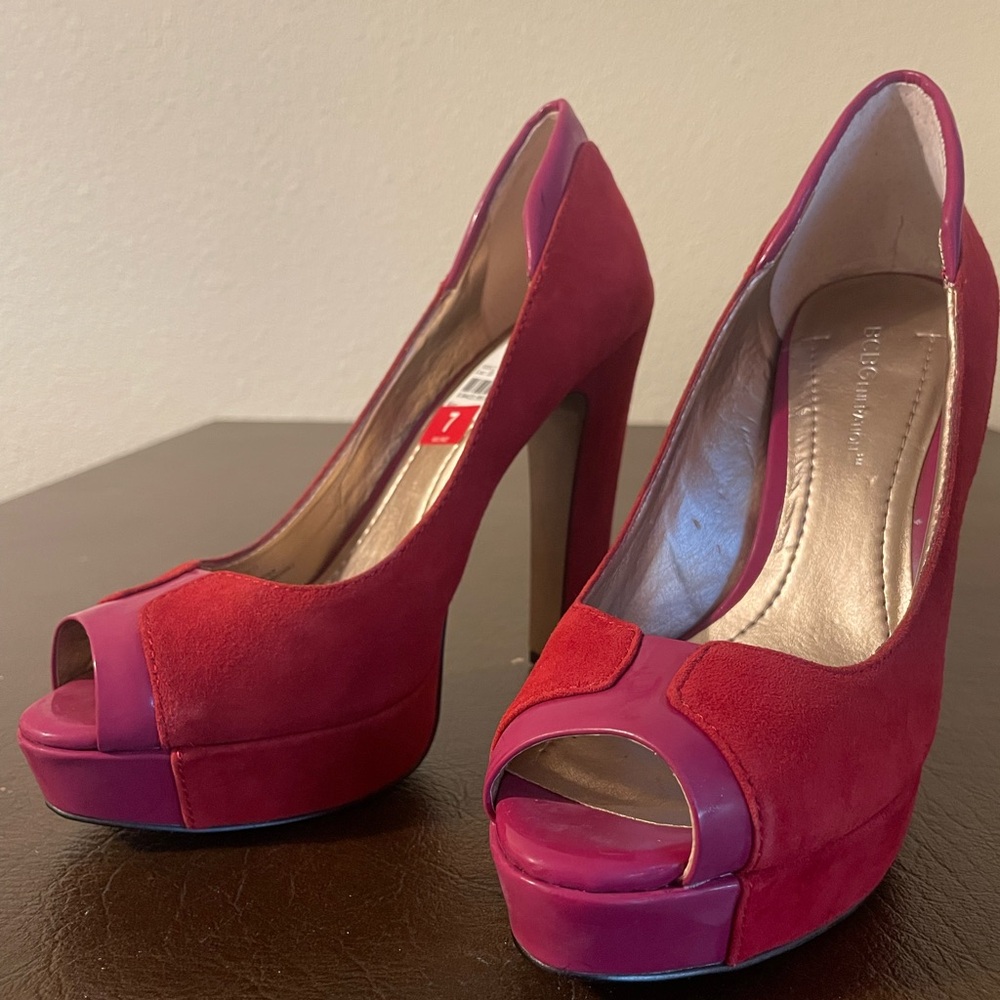BCBGMaxAzria Raspberry and Red Peep Toe Heels - Picture 2 of 7